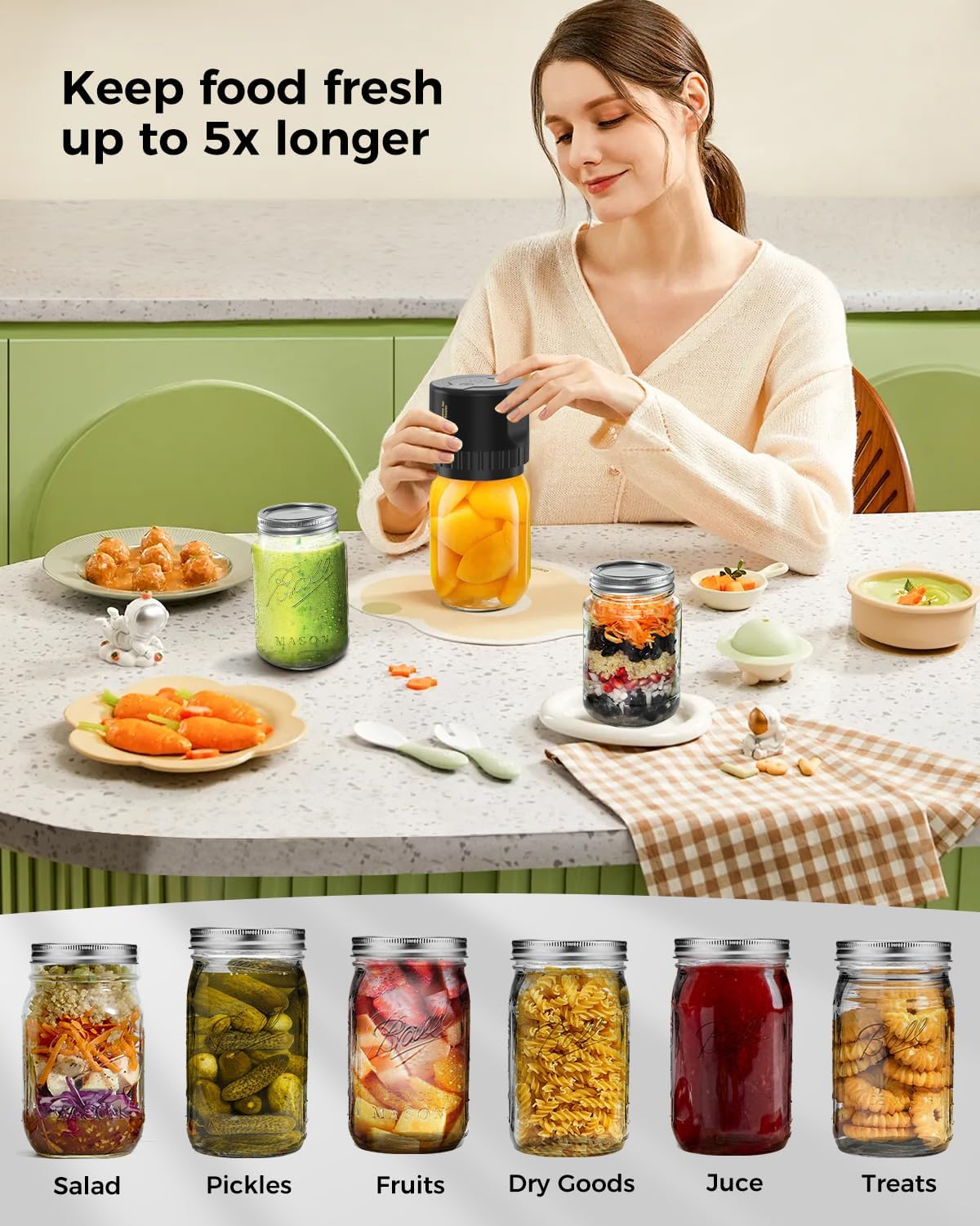 Jar Vacuum Sealer with Rechargeable Pump and 10 Sealing Lids, for 3.4in Jars