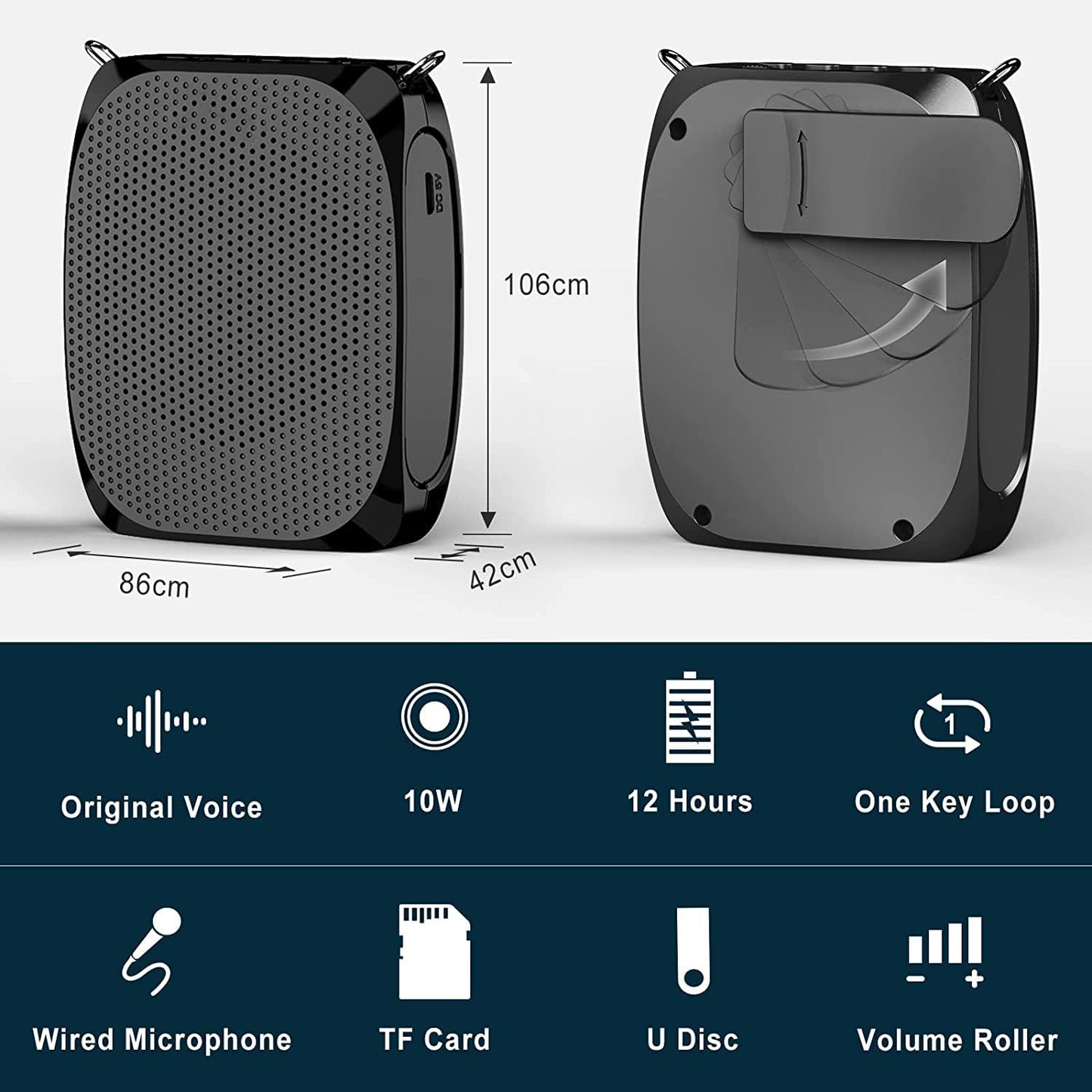 Wearable Voice Amplifier with Gooseneck Microphone and Noise Reduction, 10W Speaker