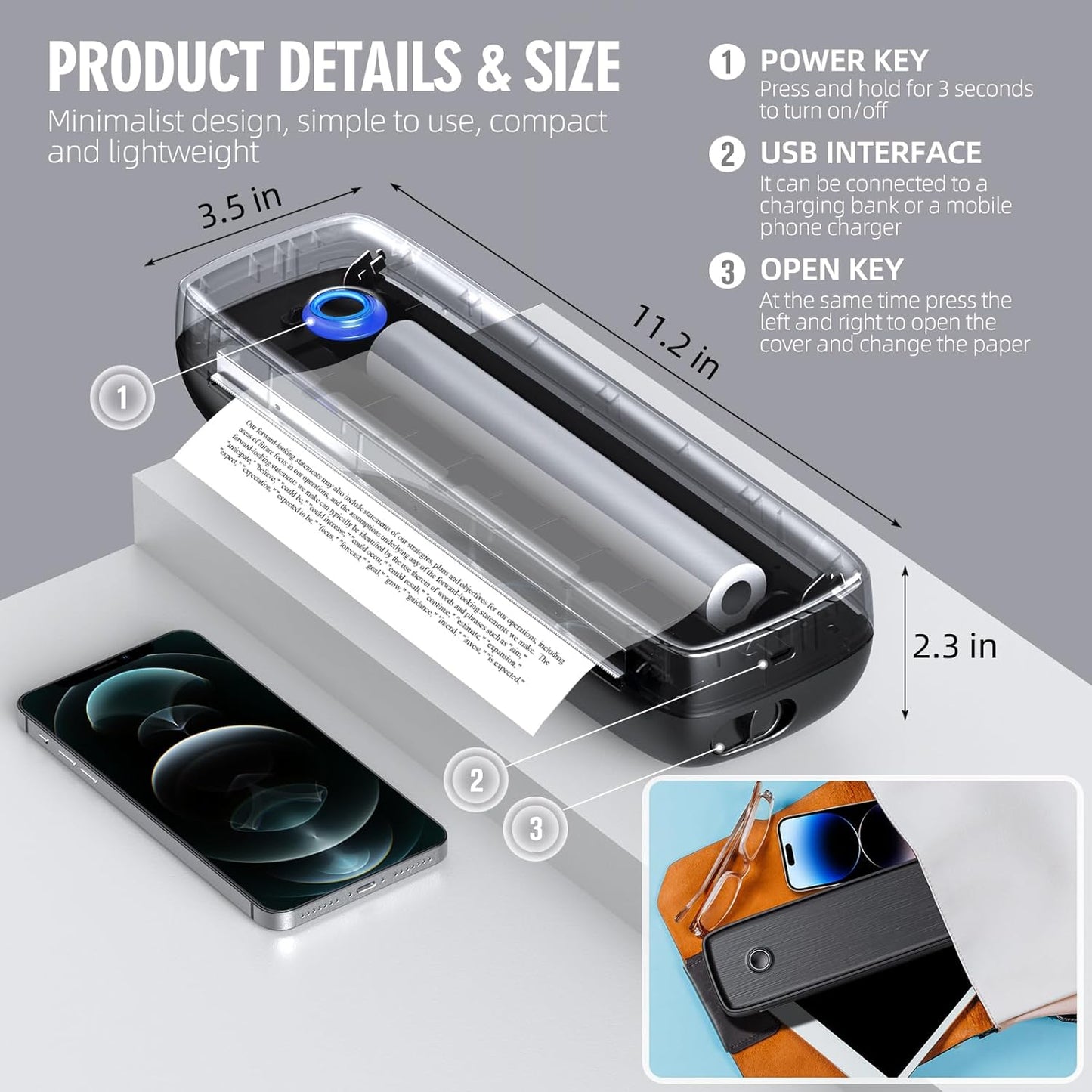 Portable Thermal Printer with Wireless Connectivity and 600-Sheet Battery