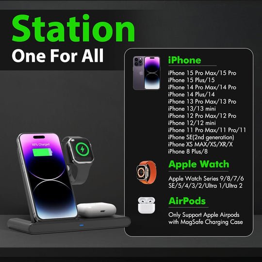 3 in 1 Wireless Charger Stand for iPhone, Apple Watch and AirPods Fast Charging Dock
