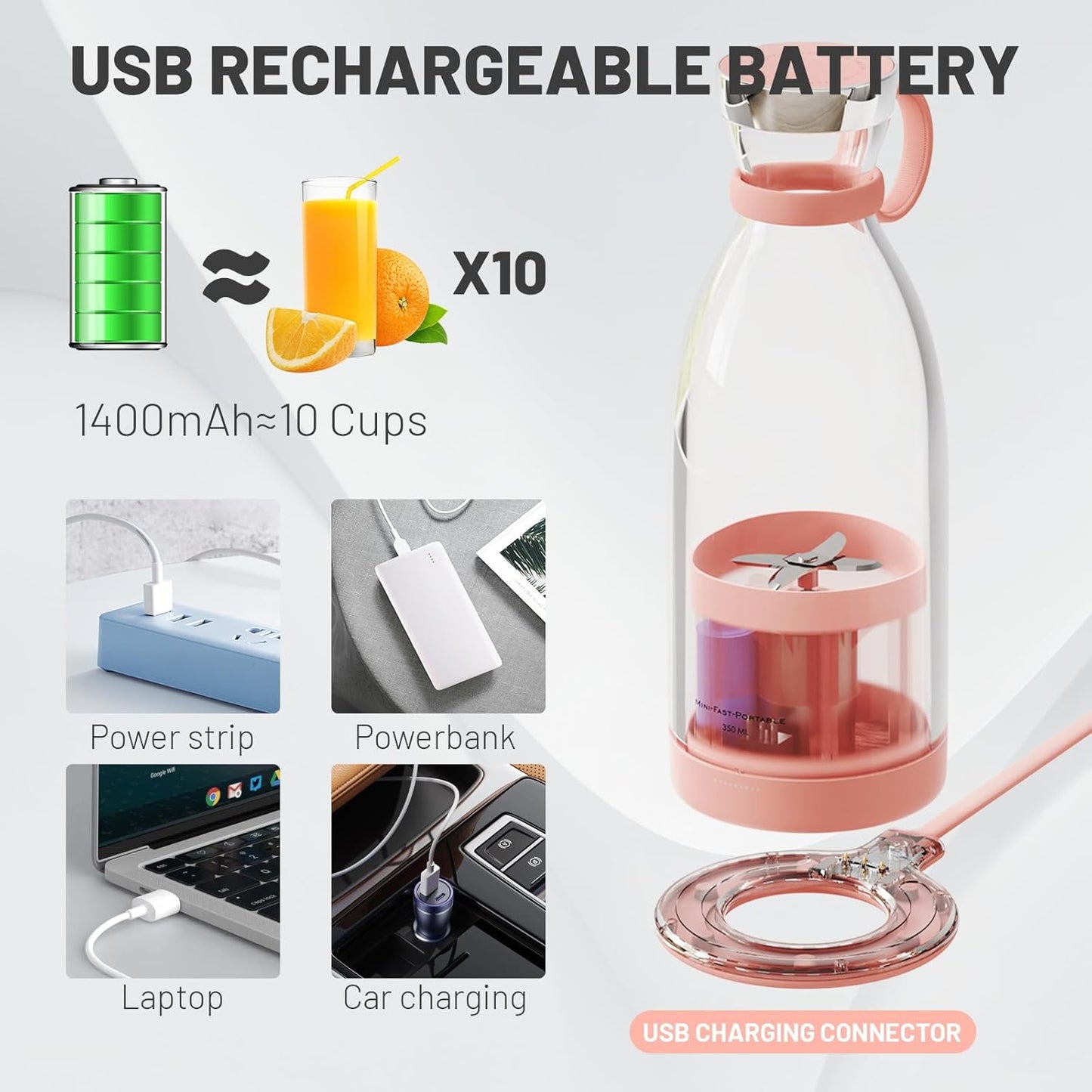 Cordless Blender Bottle with Stainless Steel Blades and Magnetic Charging, 350ml