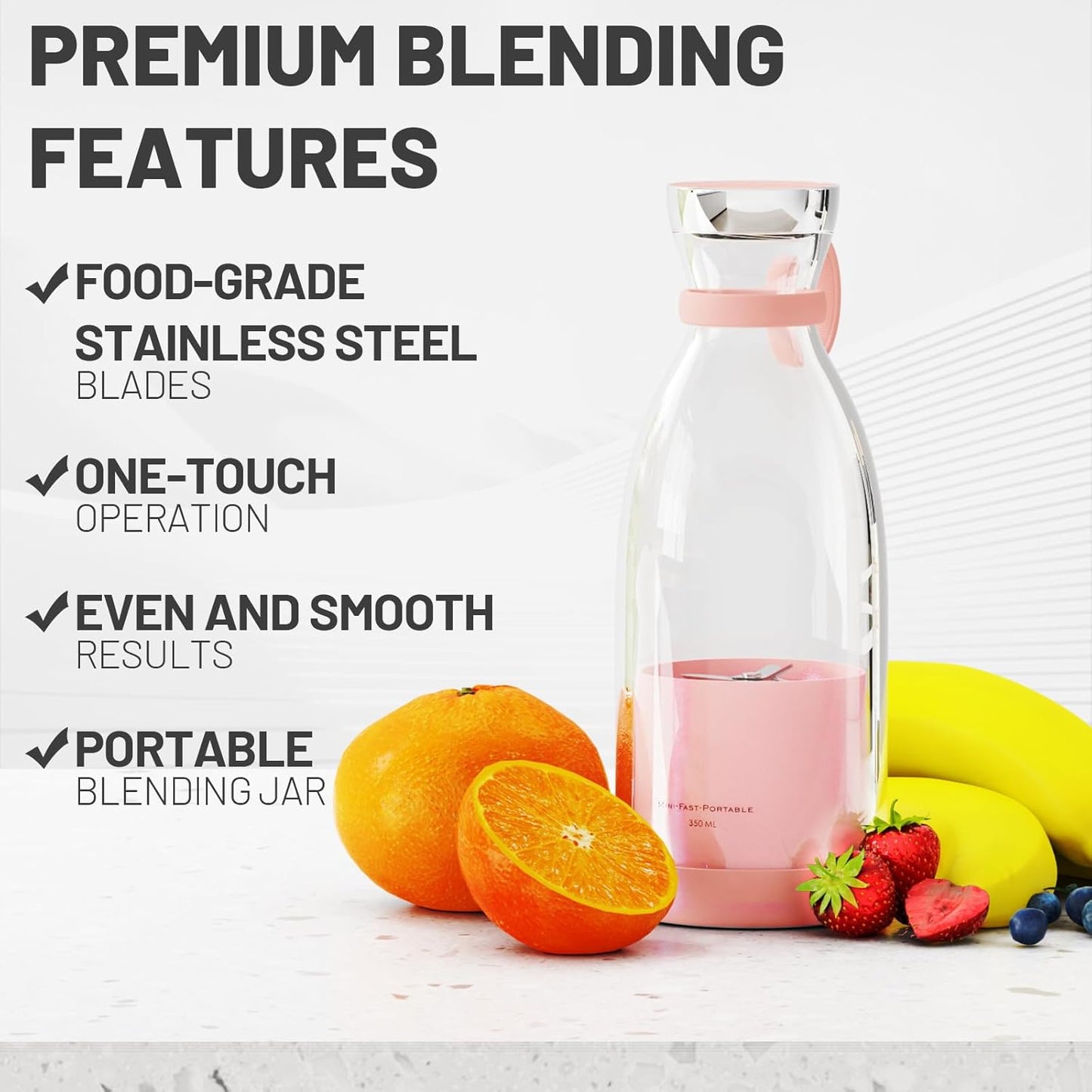 Cordless Blender Bottle with Stainless Steel Blades and Magnetic Charging, 350ml