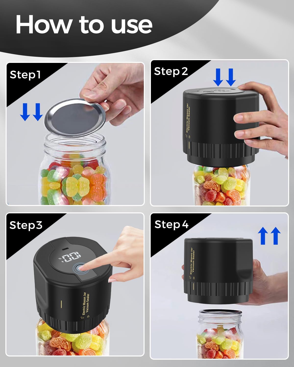Jar Vacuum Sealer with Rechargeable Pump and 10 Sealing Lids, for 3.4in Jars