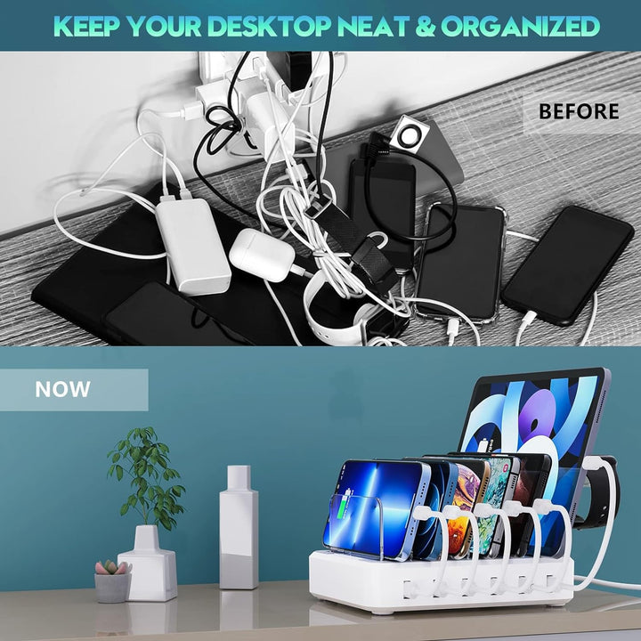 Multiple Device Fast Charging Station with 6-Port USB Organizer