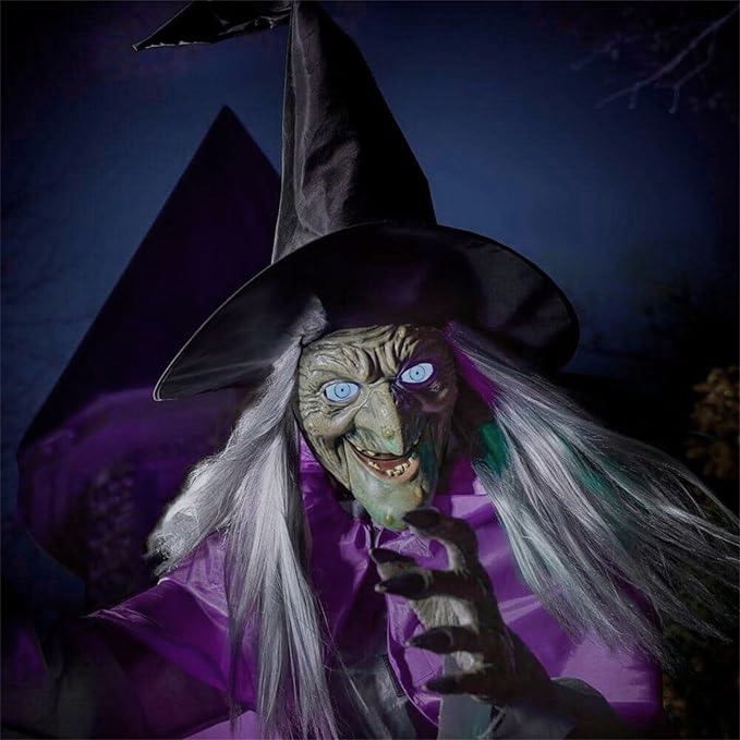 Cloth Flying Witch Decoration with Ground Stake and Broom, 6-Foot Height