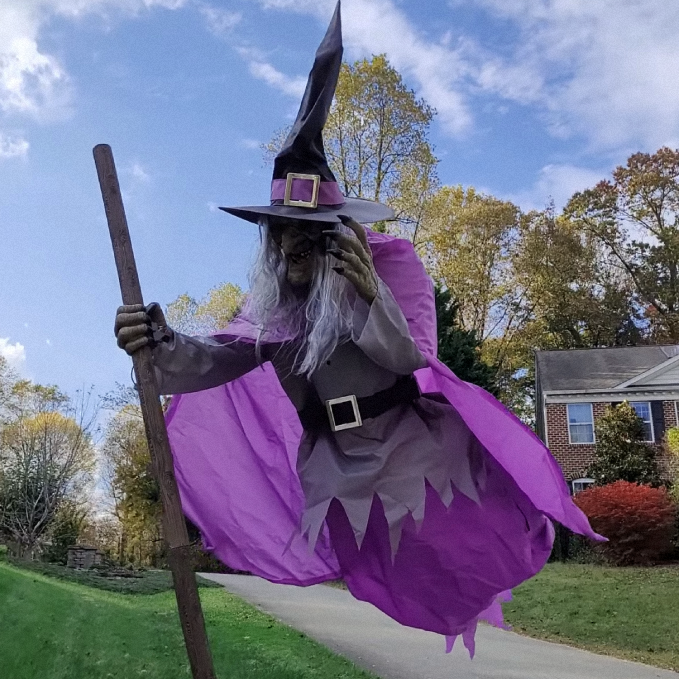 Cloth Flying Witch Decoration with Ground Stake and Broom, 6-Foot Height