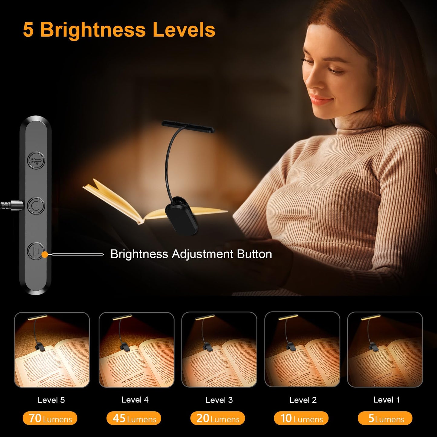 Rechargeable Book Light with Wide Horizontal Head and 360 Degree Flexible Neck, USB-C