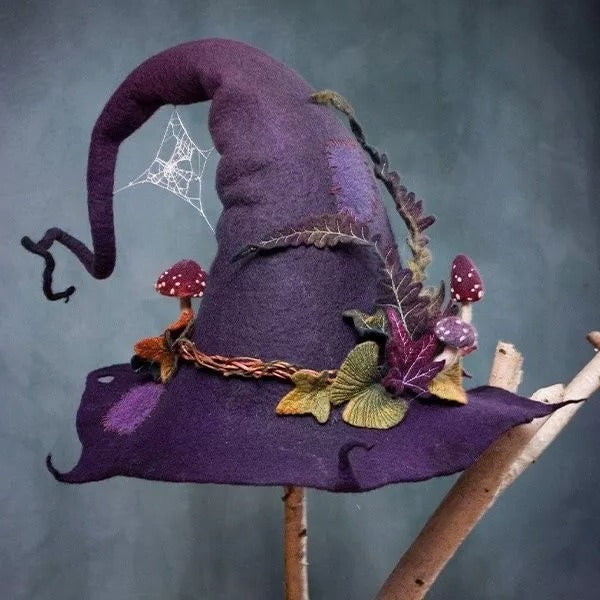 Felt Witch Hat with Chiffon Trim and Adjustable Fit, Handmade Wool, Storage Pouch