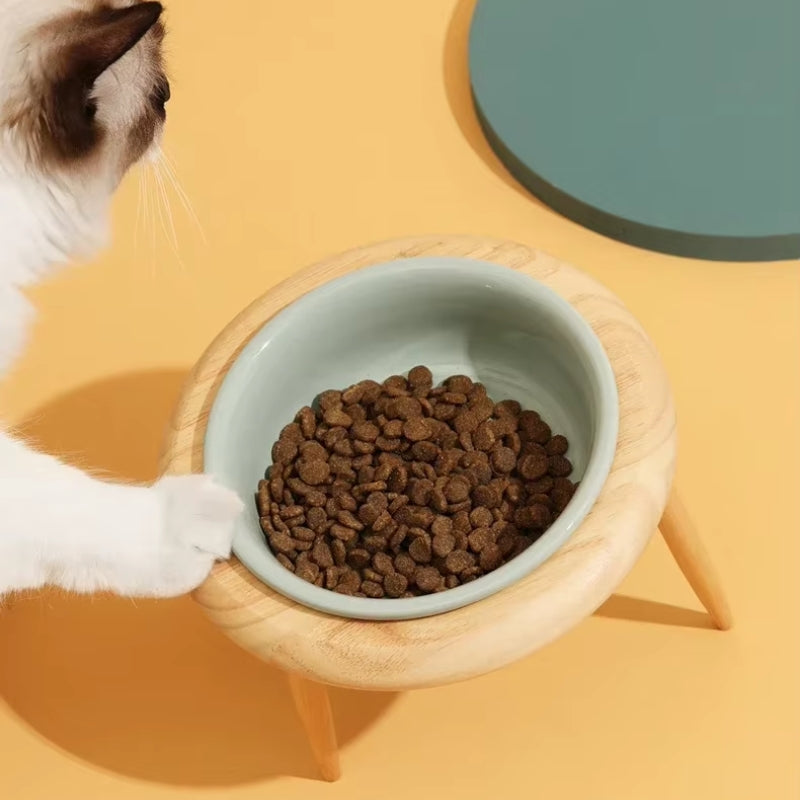 Elevated Ceramic Cat Bowl with Adjustable Oak Wood Stand and Removable Legs