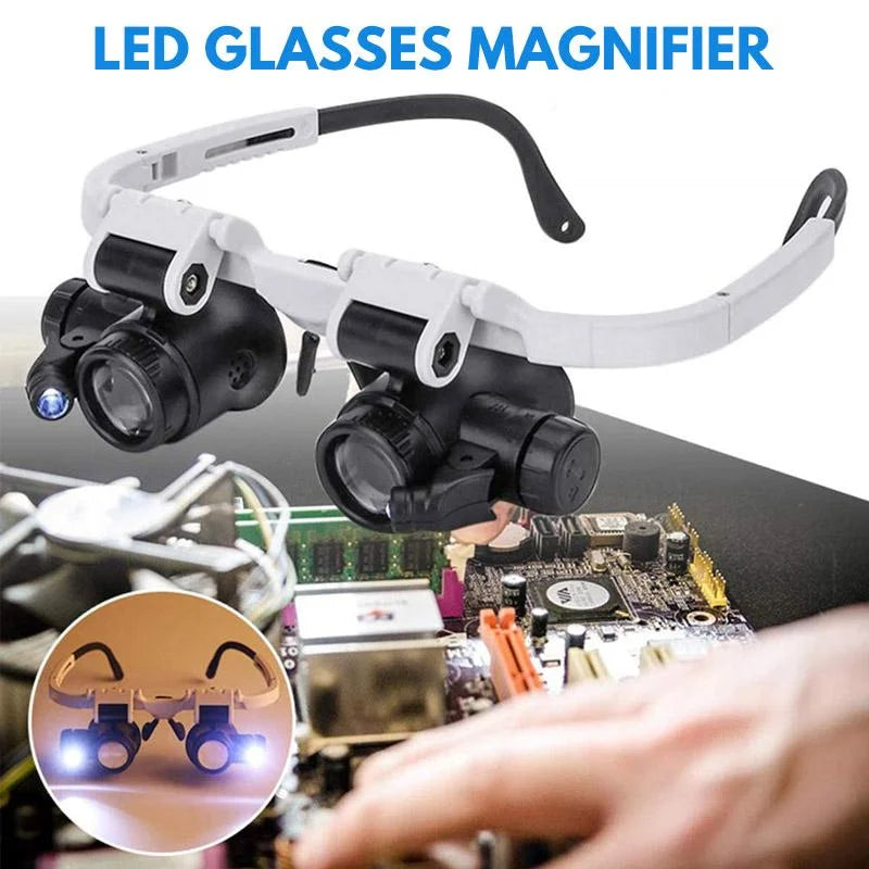 LED Magnifier Headset with Interchangeable 8x/15x/23x Lenses and Dual Adjustable LEDs