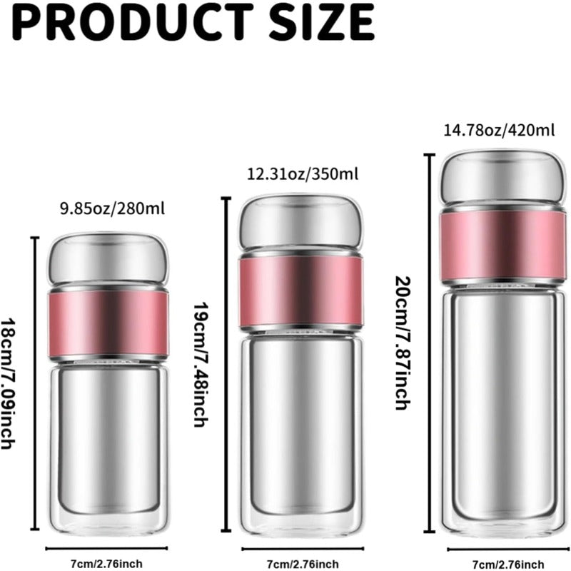 Glass Tea Infuser Bottle with Tilt Separation Filter and Double Wall Insulation