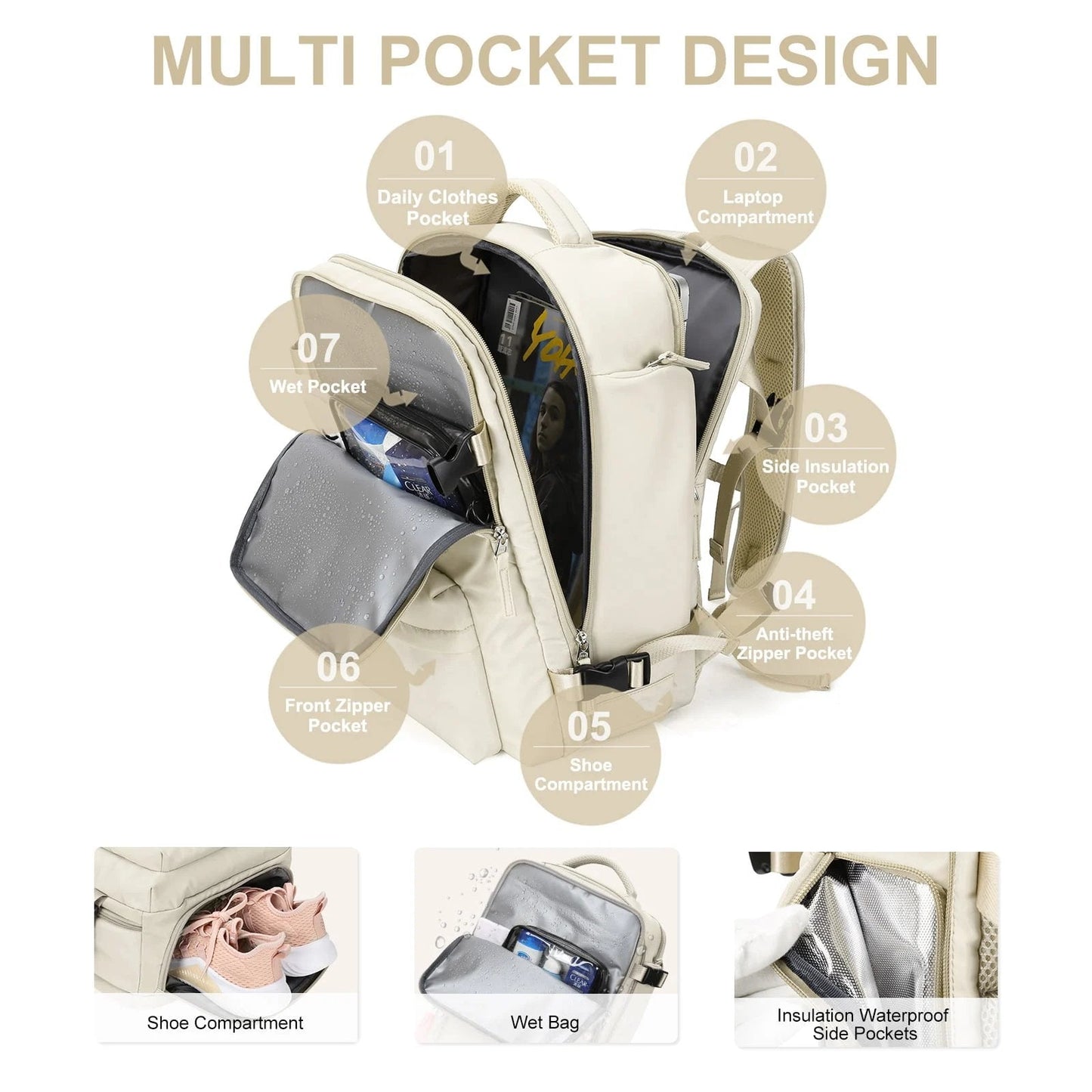 Travel Backpack 35L with USB Charging Port and Laptop Sleeves, Wet Storage, Shoe Compartment