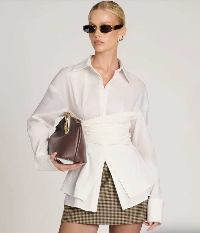 Draped Waist Shirt with Featherlight Fluid Fabric and Tailored Shape, Long Sleeve