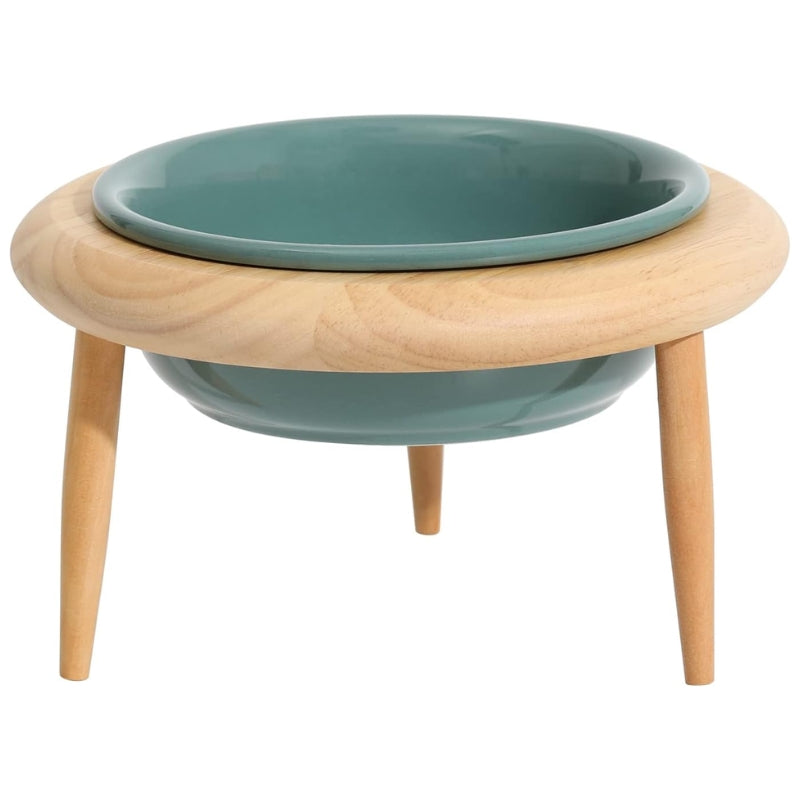 Elevated Ceramic Cat Bowl with Adjustable Oak Wood Stand and Removable Legs