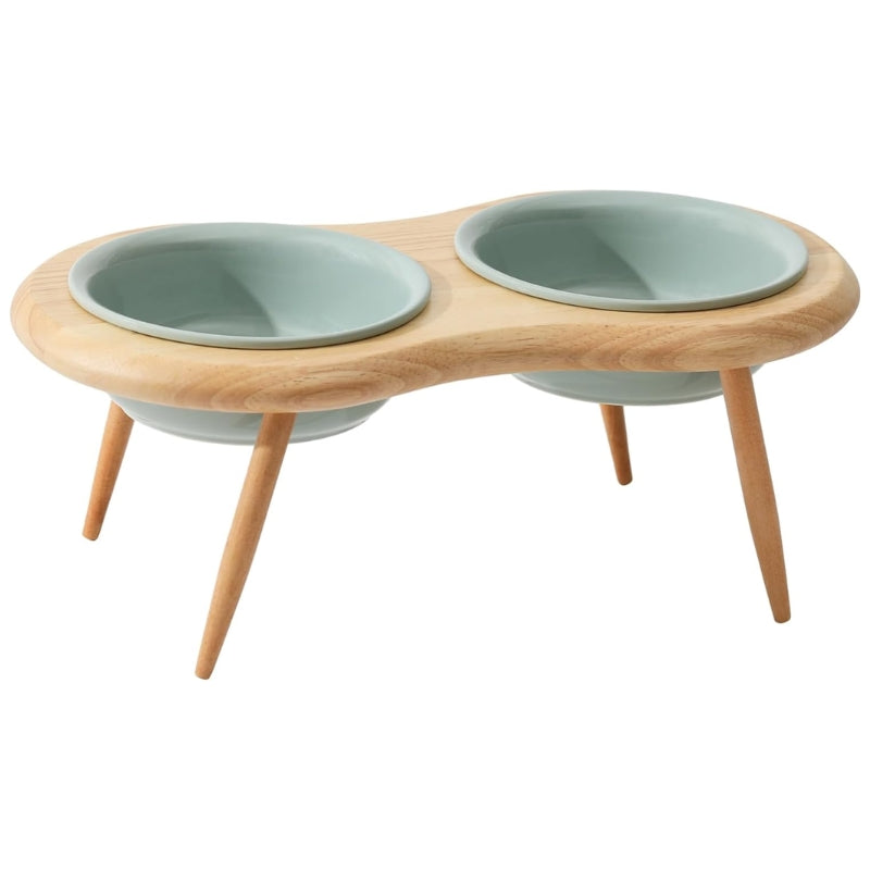 Elevated Ceramic Cat Bowl with Adjustable Oak Wood Stand and Removable Legs