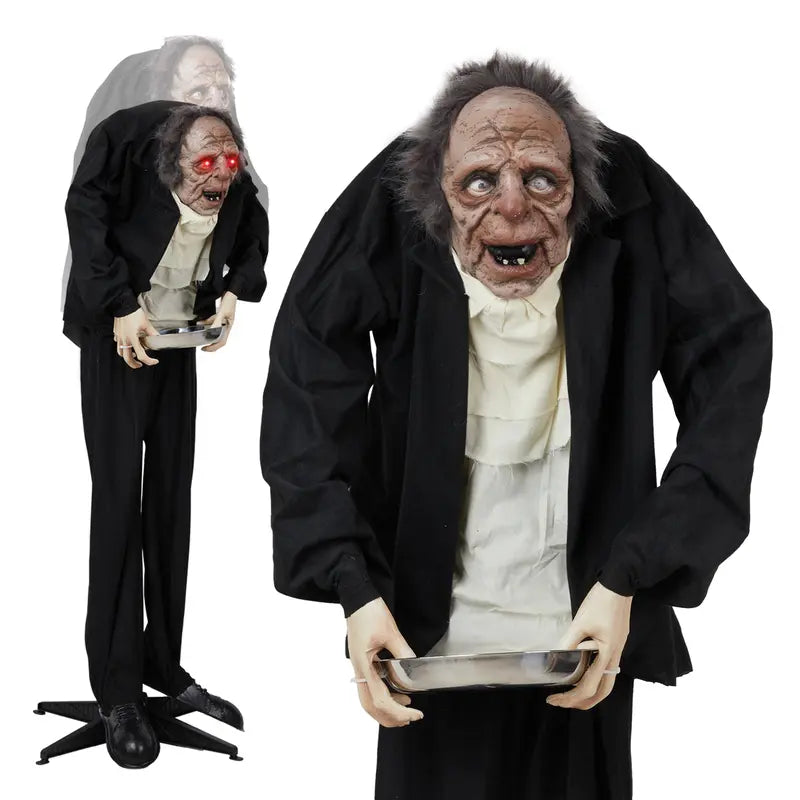 5ft Animated Halloween Figure with Sound-Activated Head Movement and Red LED Eyes, Candy Tray