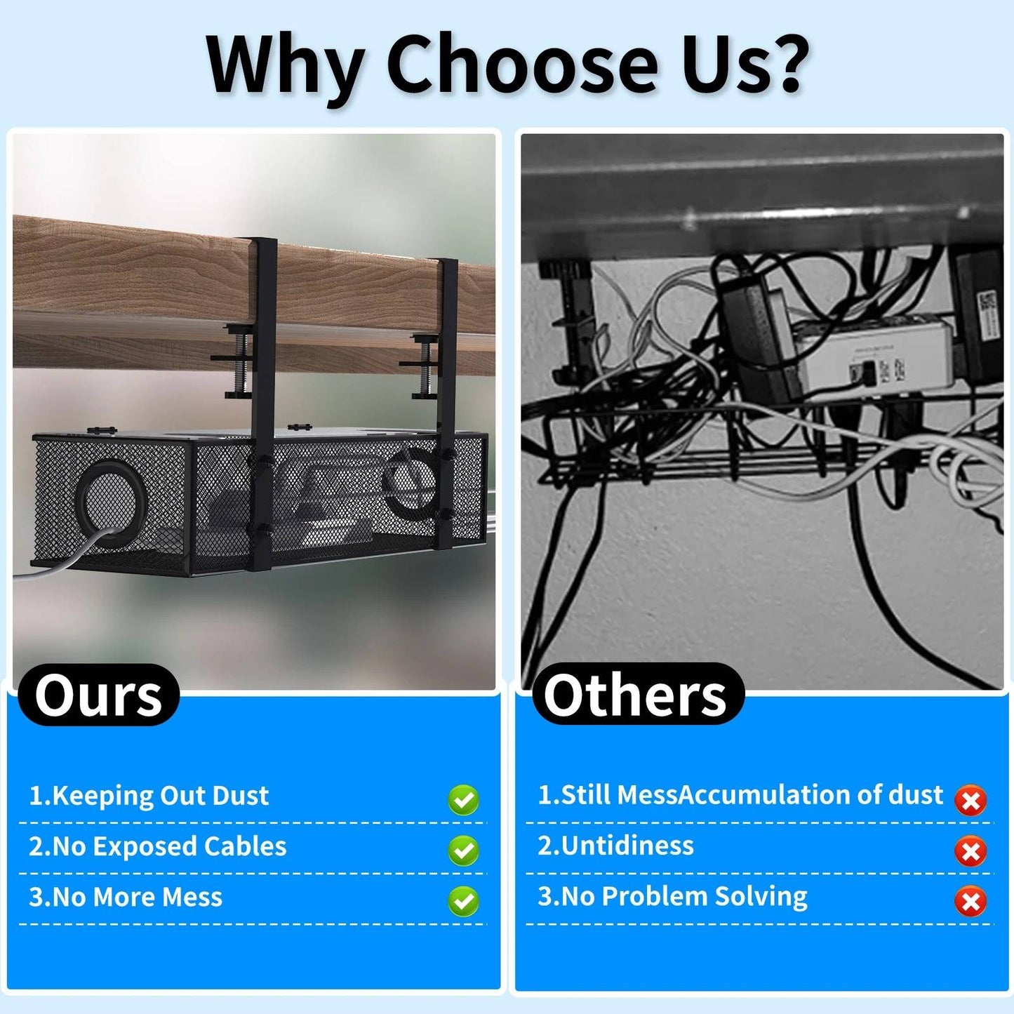 Under Desk Organizer with Two Sliding Drawers and Cable Routing Channels