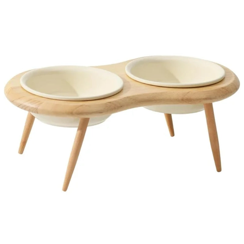 Elevated Ceramic Cat Bowl with Adjustable Oak Wood Stand and Removable Legs