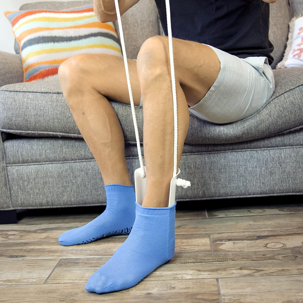Sock Aid with Curved Cradle and Extended Handles for Seated Dressing