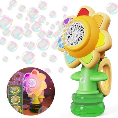 Handheld Bubble Machine with Rotating Flower Head and Seven Color Lights