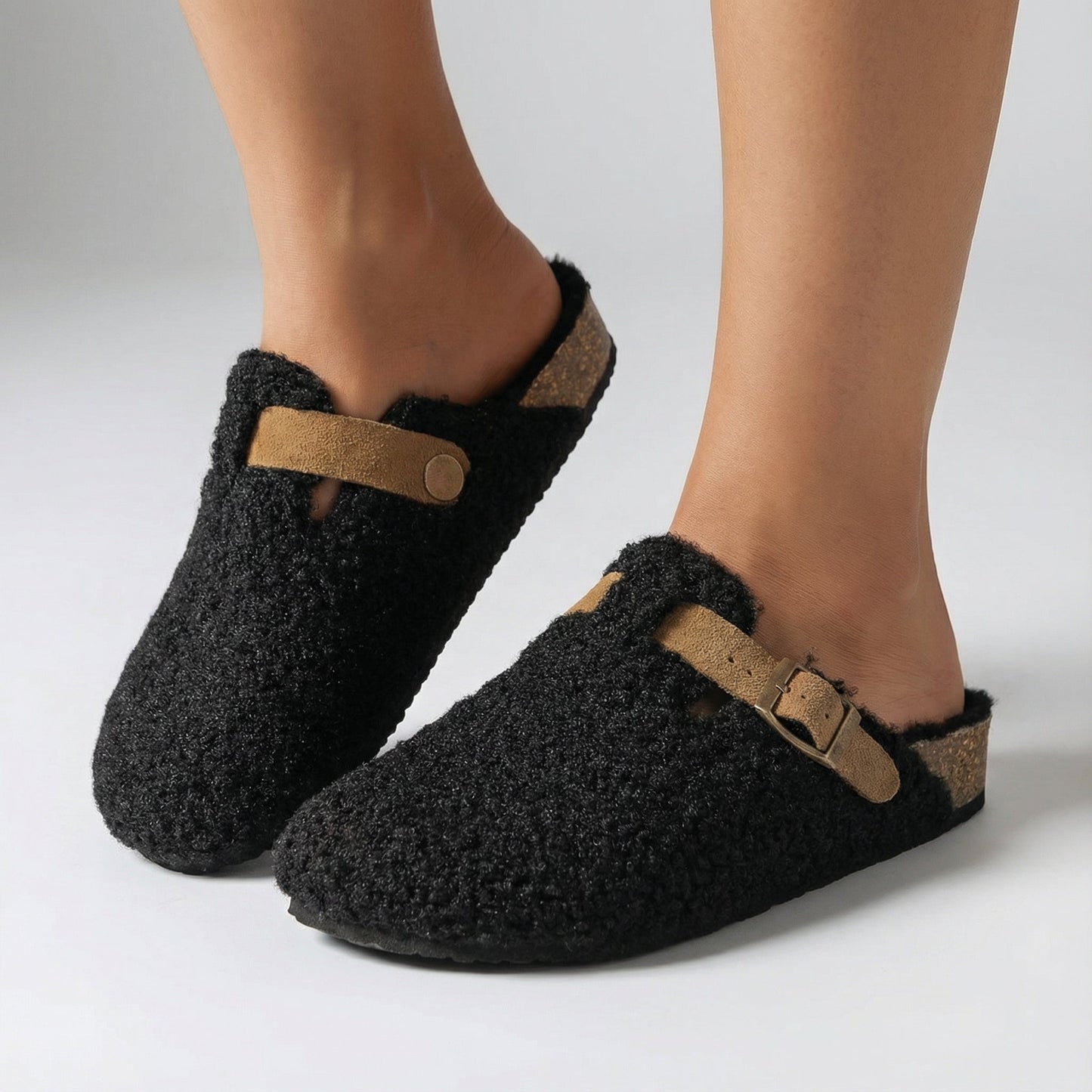 Womens Teddy Mule Slippers with Adjustable Buckle and Supportive Sole