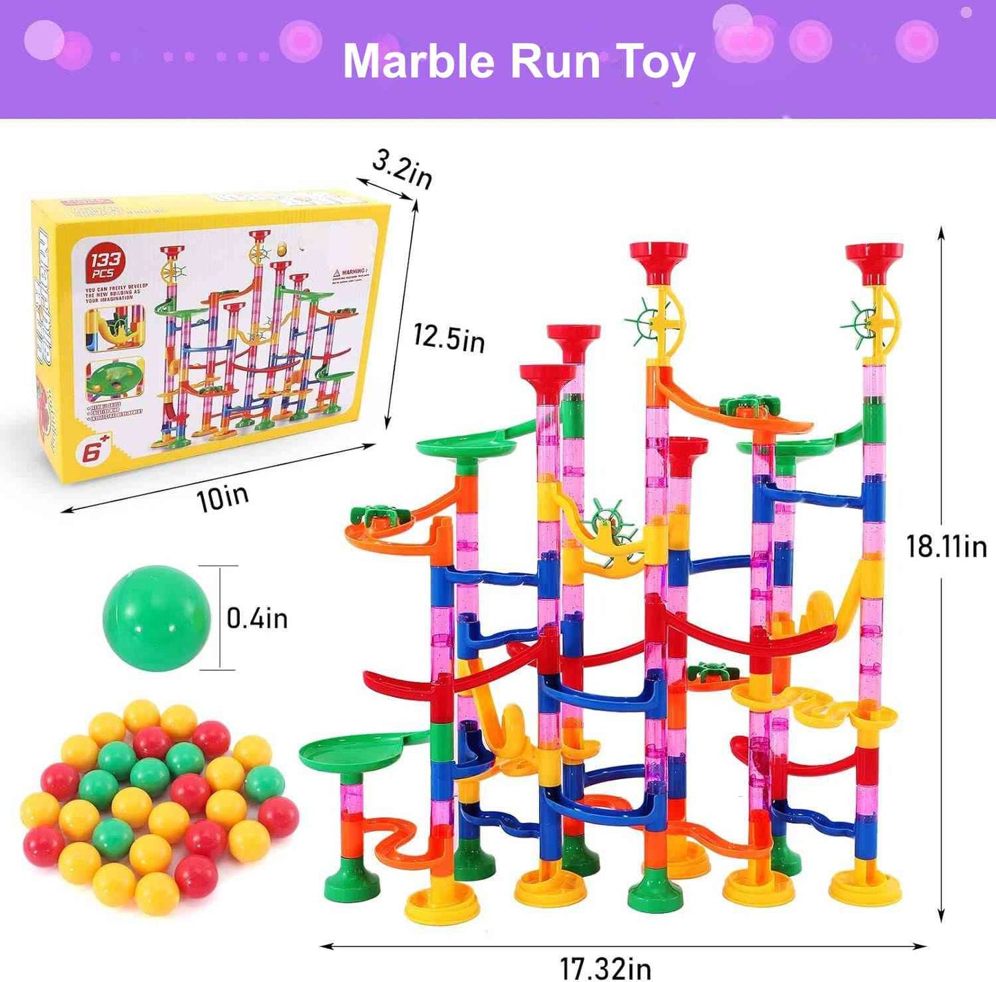 Marble Run Construction Set with 133 Pieces and Button Release Funnel