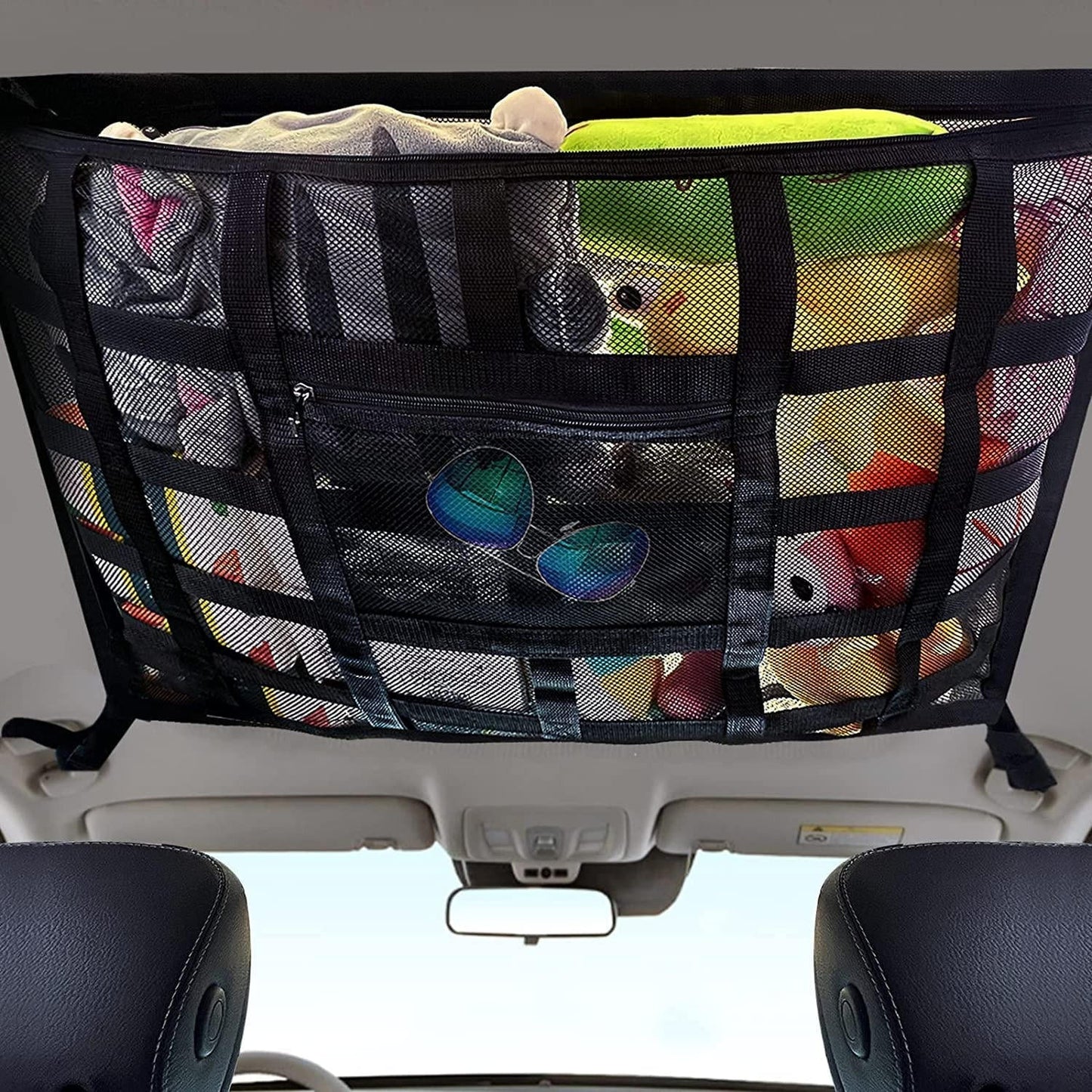 Overhead Vehicle Storage Net with Zipper Access and Buckle Mounting
