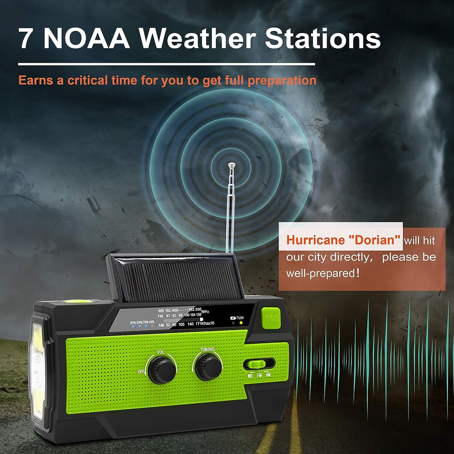 Weather Alert Radio with Hand Crank and Solar Charging, 4000mAh Battery