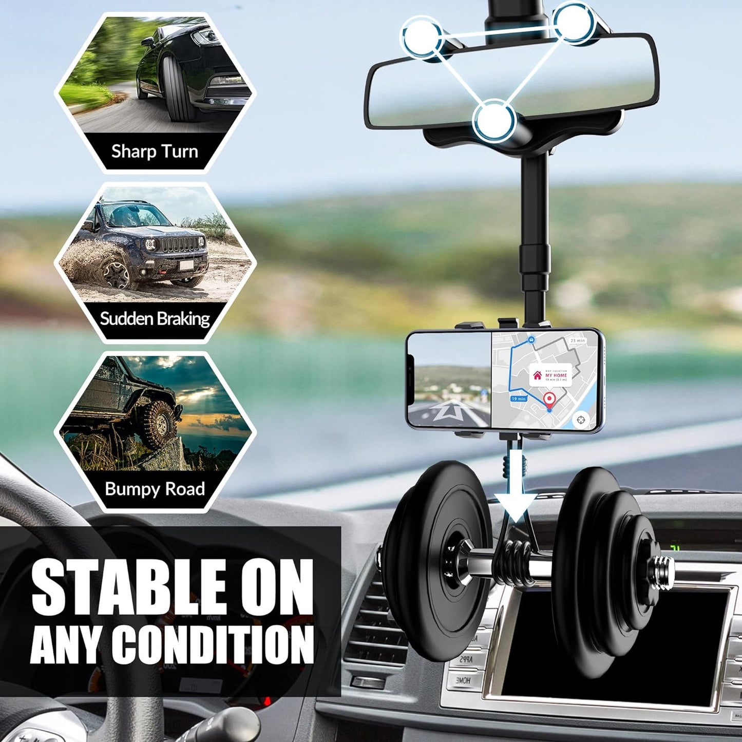 Phone Holder with 360 Degree Rotation and Four Jaw Grip for Rearview Mirror