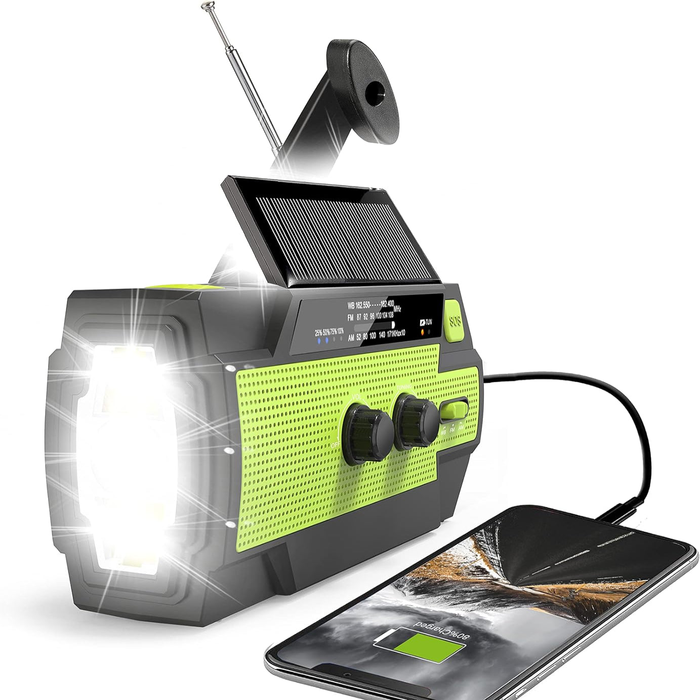 Weather Alert Radio with Hand Crank and Solar Charging, 4000mAh Battery