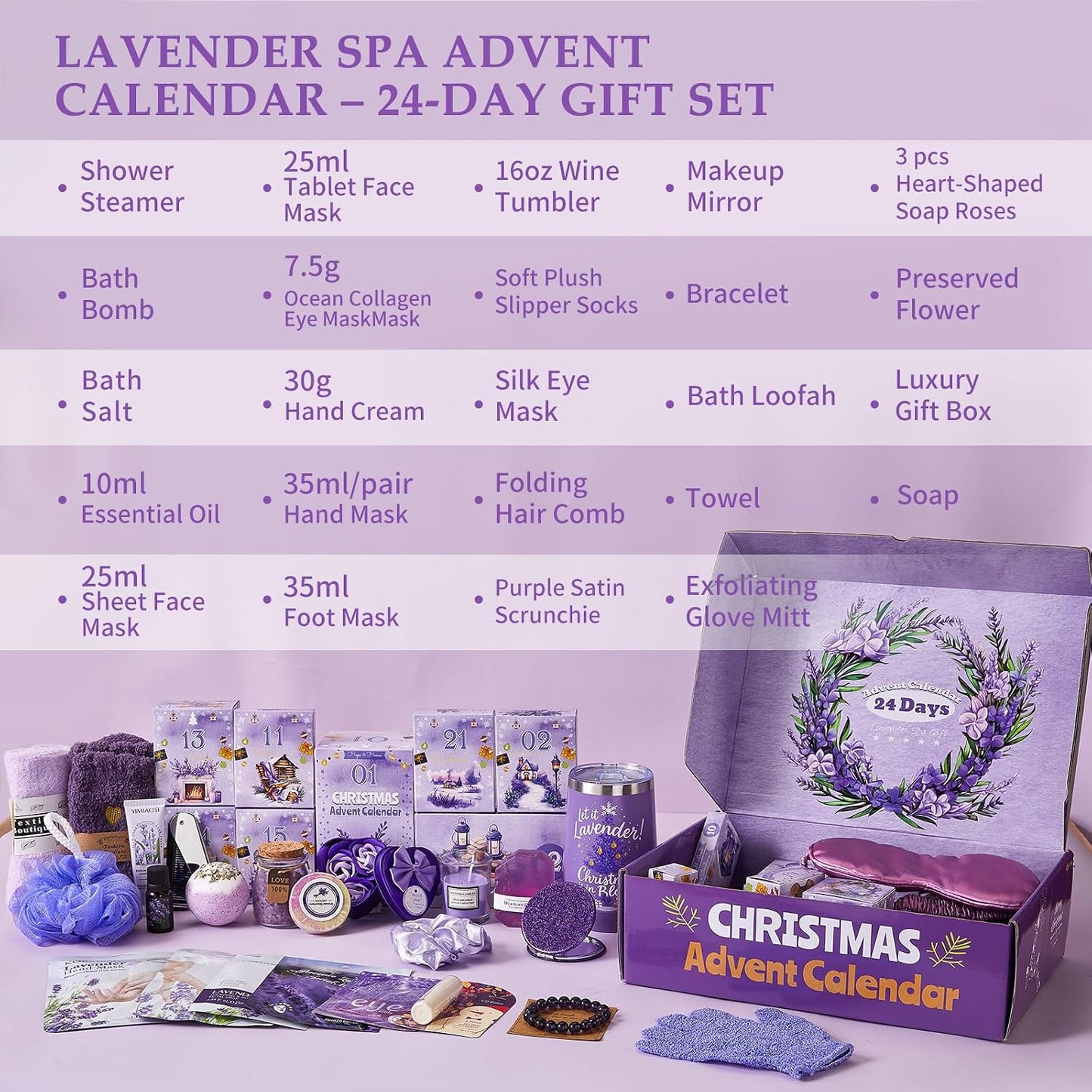 Lavender Spa Advent Calendar with 24 Daily Gifts and Skincare Items