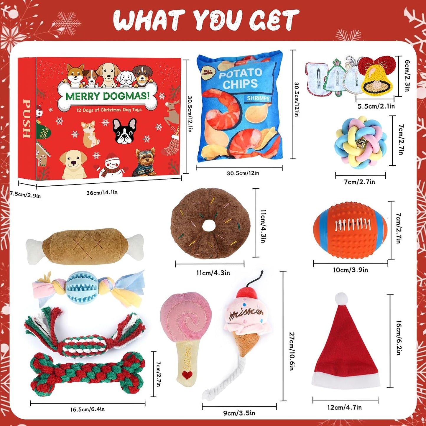 Dog Advent Calendar with 12 Interactive Toys and Squeaky Balls, Ropes for Small to Large Dogs