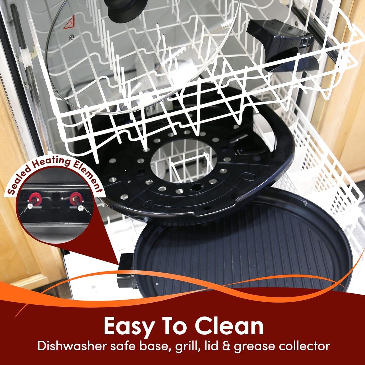 Indoor Electric Grill with 14-Inch Nonstick Plate and Glass Lid, Dishwasher Safe