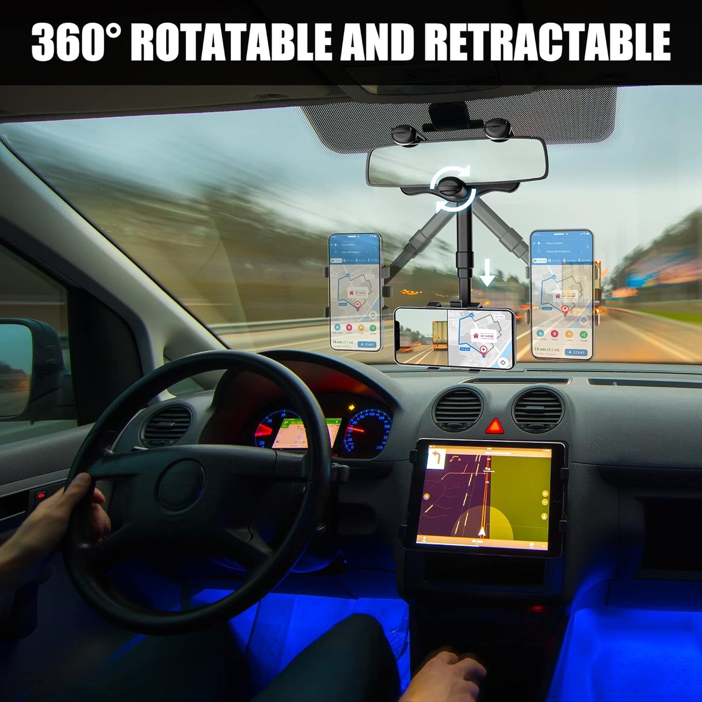 Phone Holder with 360 Degree Rotation and Four Jaw Grip for Rearview Mirror