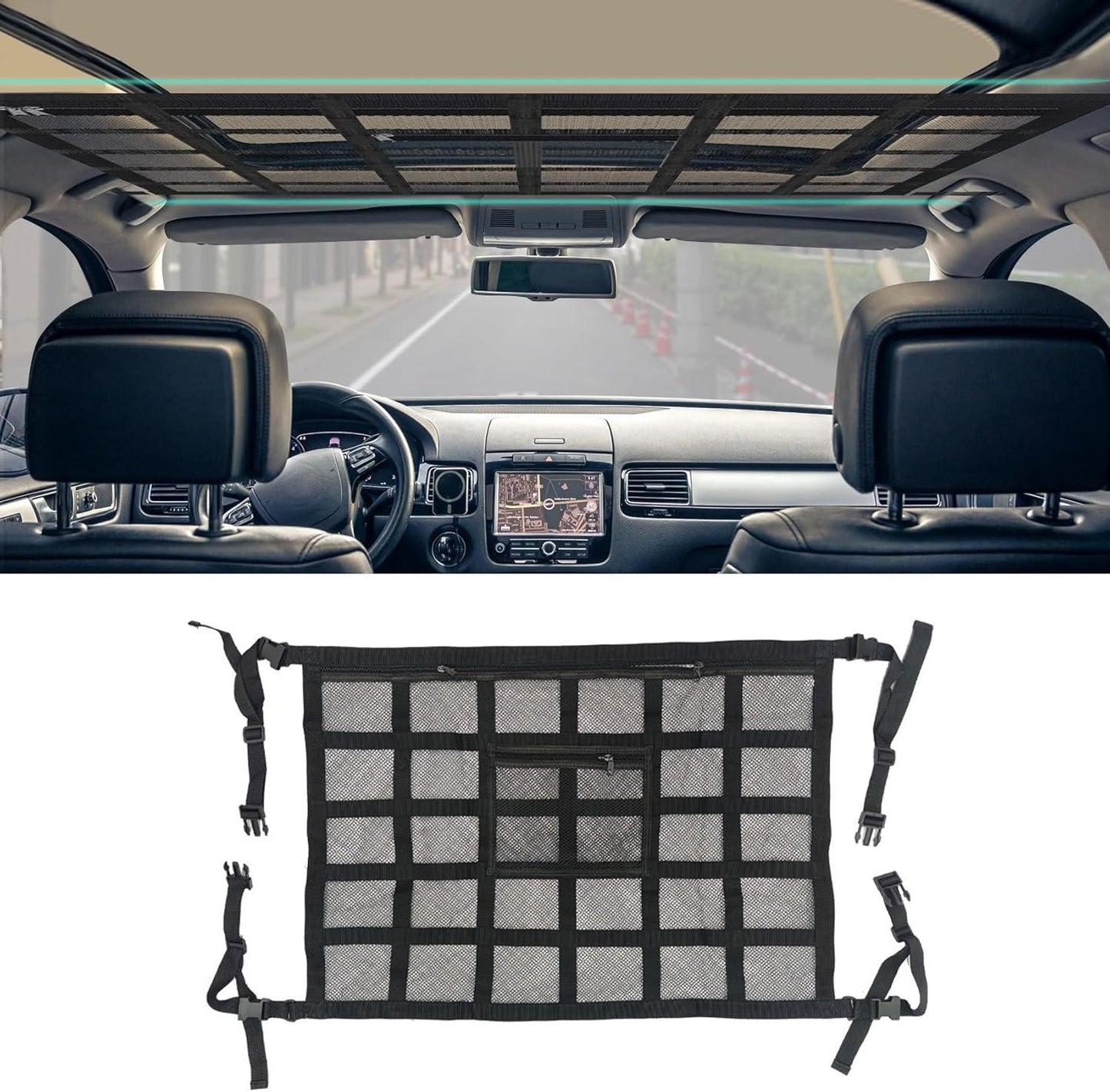 Overhead Vehicle Storage Net with Zipper Access and Buckle Mounting