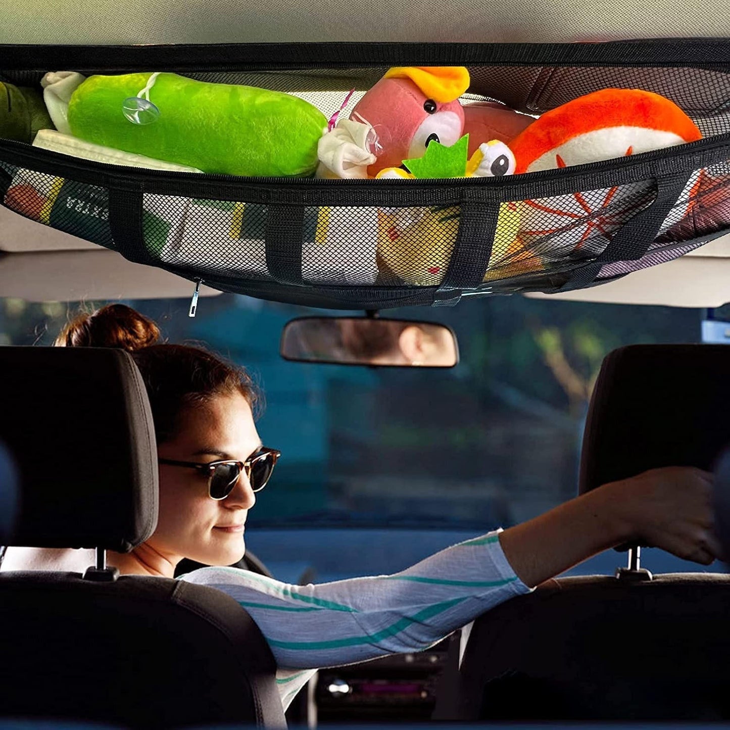 Overhead Vehicle Storage Net with Zipper Access and Buckle Mounting