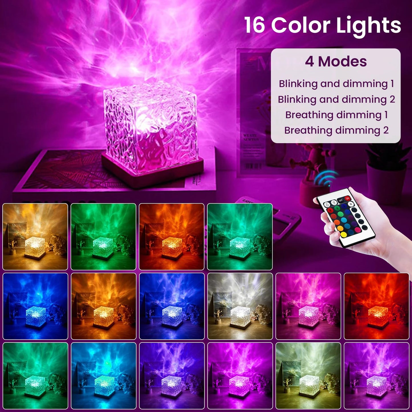 Ocean Wave Projector Lamp with 16 Color Modes and Remote Control, Wooden Base USB Powered