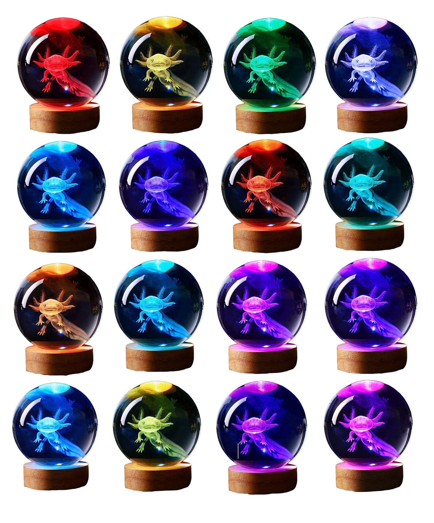 3D Crystal Night Light with Axolotl Engraving and Wooden LED Base, Remote Color Control