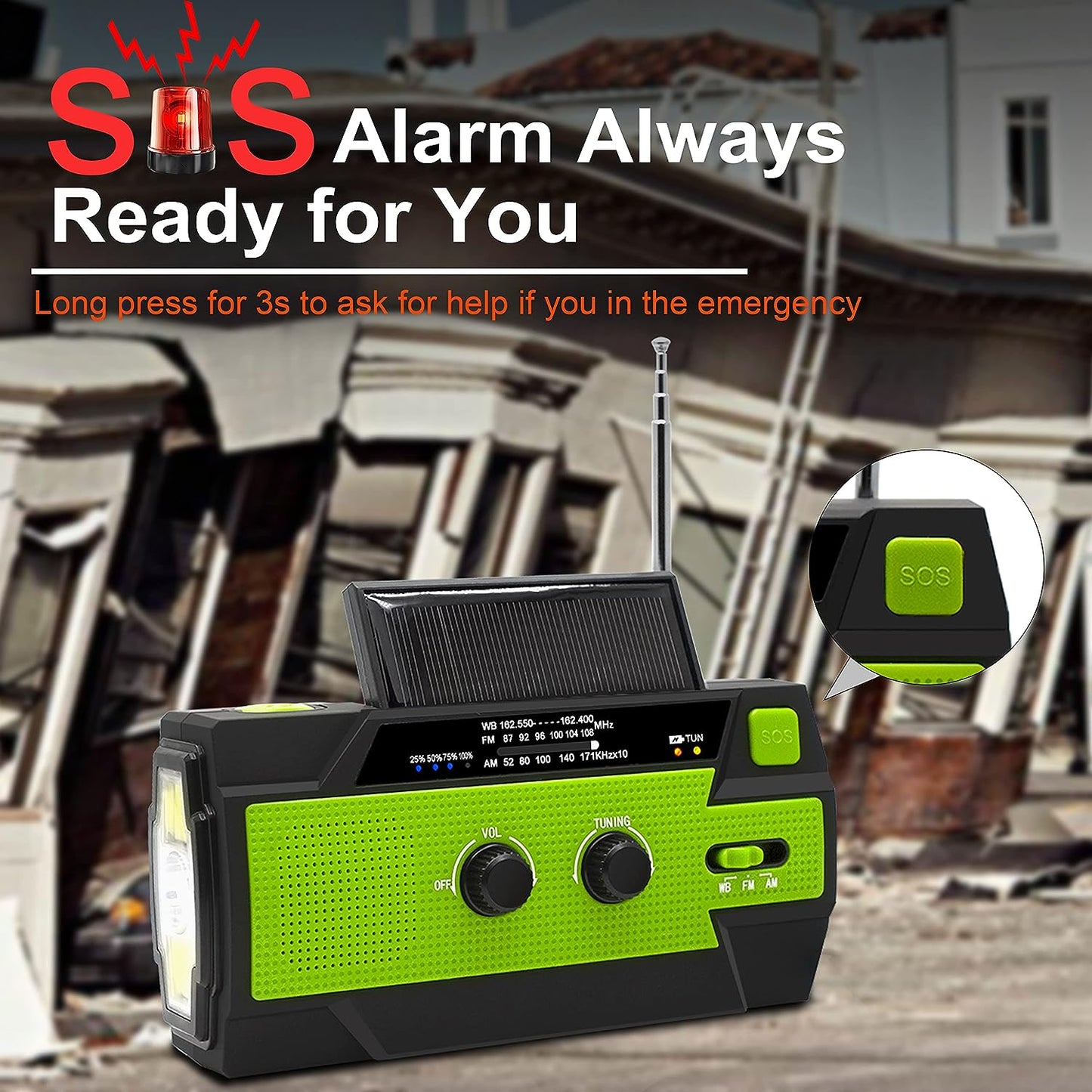 Weather Alert Radio with Hand Crank and Solar Charging, 4000mAh Battery