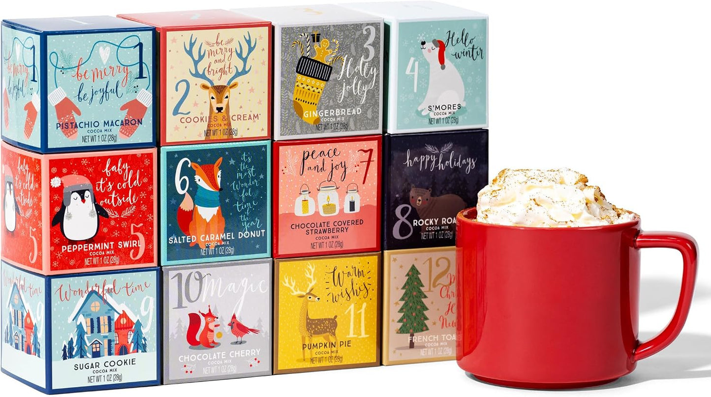 Hot Chocolate Gift Set with 12 Gourmet Flavors and Festive Holiday Packaging