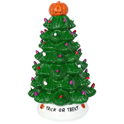 LED Ceramic Holiday Tree with Purple and Orange Beads and Hand-Painted Finish