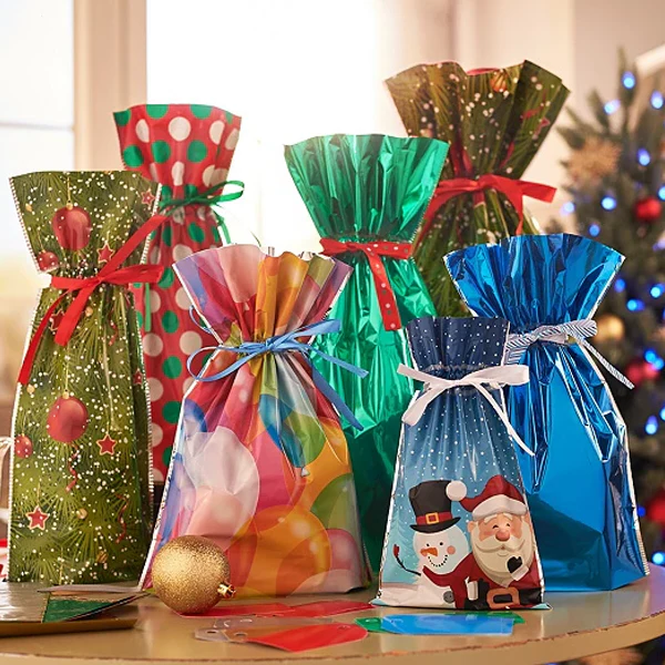 Christmas Gift Bags with Integrated Drawstring and Assorted Holiday Designs, 15 Sets
