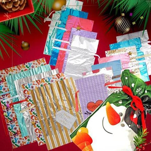 Christmas Gift Bags with Integrated Drawstring and Assorted Holiday Designs, 15 Sets