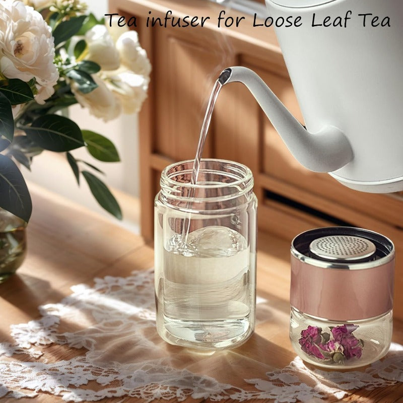 Glass Tea Infuser Bottle with Tilt Separation Filter and Double Wall Insulation