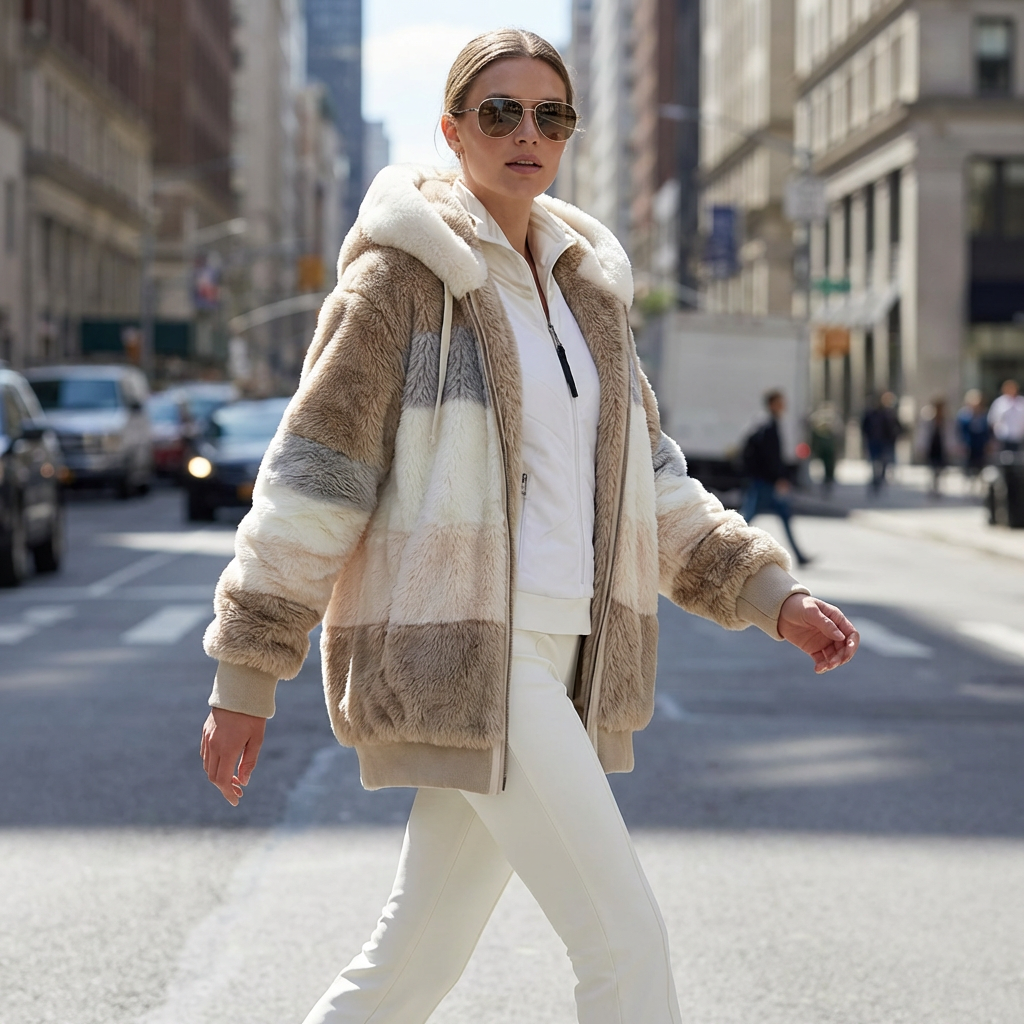 Faux Fur Coat with Double Layer Insulation and Adjustable Hood, Oversized Fit