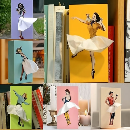 Tissue Box Cover with Billowing Skirt and Removable Weighted Base, Fits Standard Refills