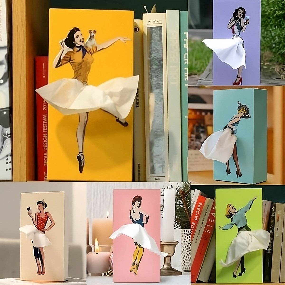 Tissue Box Cover with Billowing Skirt and Removable Weighted Base, Fits Standard Refills