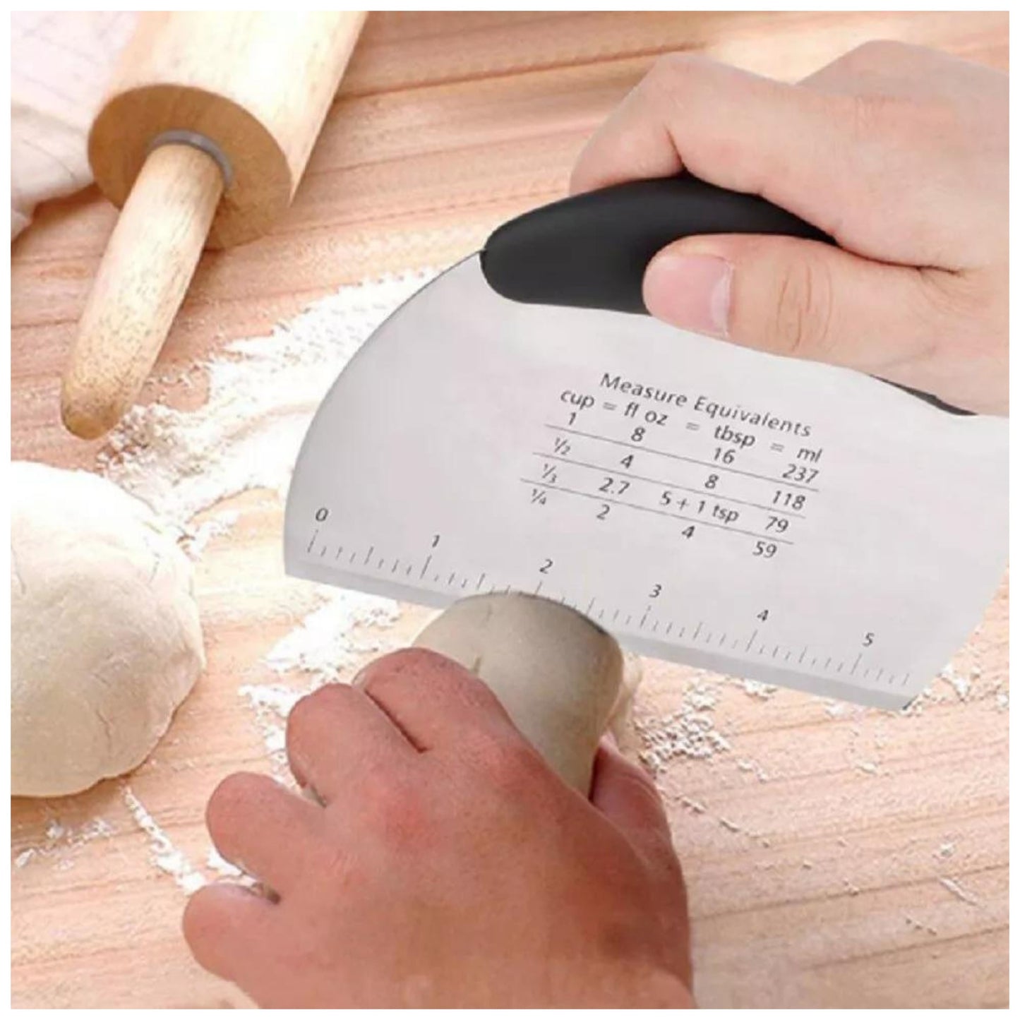 Stainless Steel Dough Scraper with Measurement Markings and Non Slip Handle