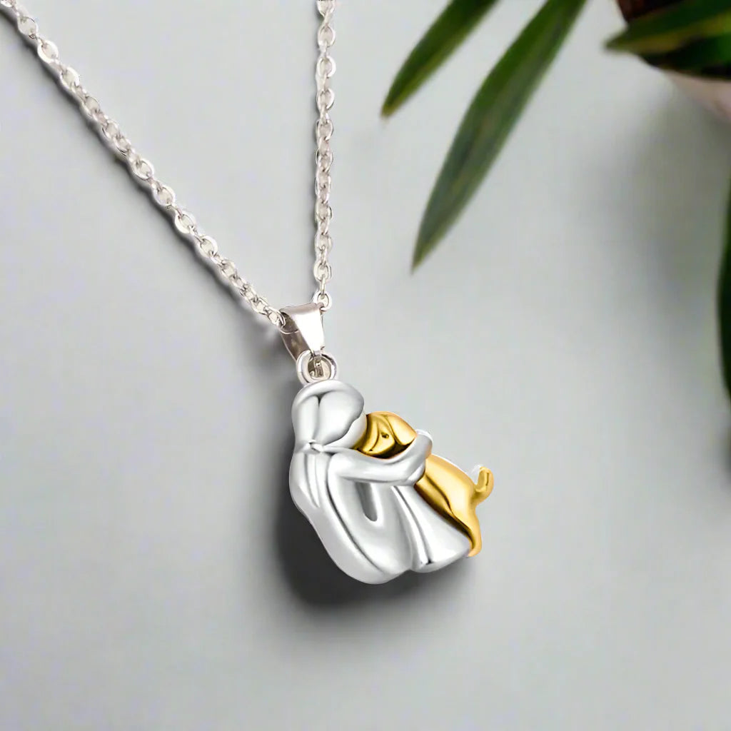 Dog Lover Necklace with Heart Embrace Silhouette and Adjustable 16.5in Chain, Plated Finish