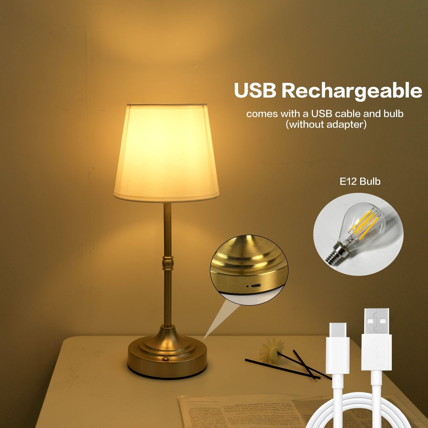Rechargeable Table Lamp with Touch Dimming Control and Fabric Shade